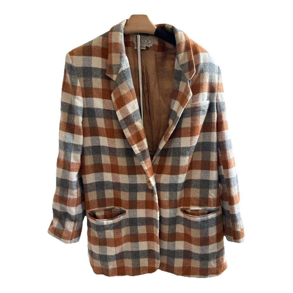 VTG 80s 90s Gilmor Plaid Blazer 16‎ Wool Blend Tan Academic Preppy Equestrian